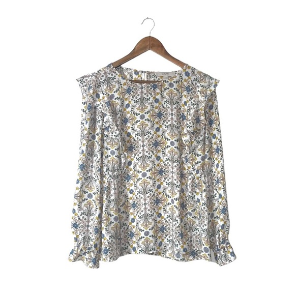 LOFT Tops - Loft Floral Long Sleeve Ruffle Blouse Top White Green Blue Cottagecore Sz Large
